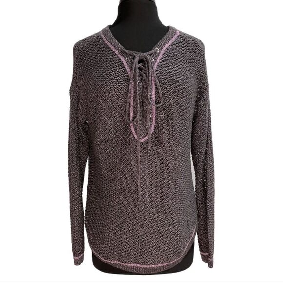 KIMCHI Blue Purple Metallic a lace Up Sweater Sz S - Picture 4 of 13